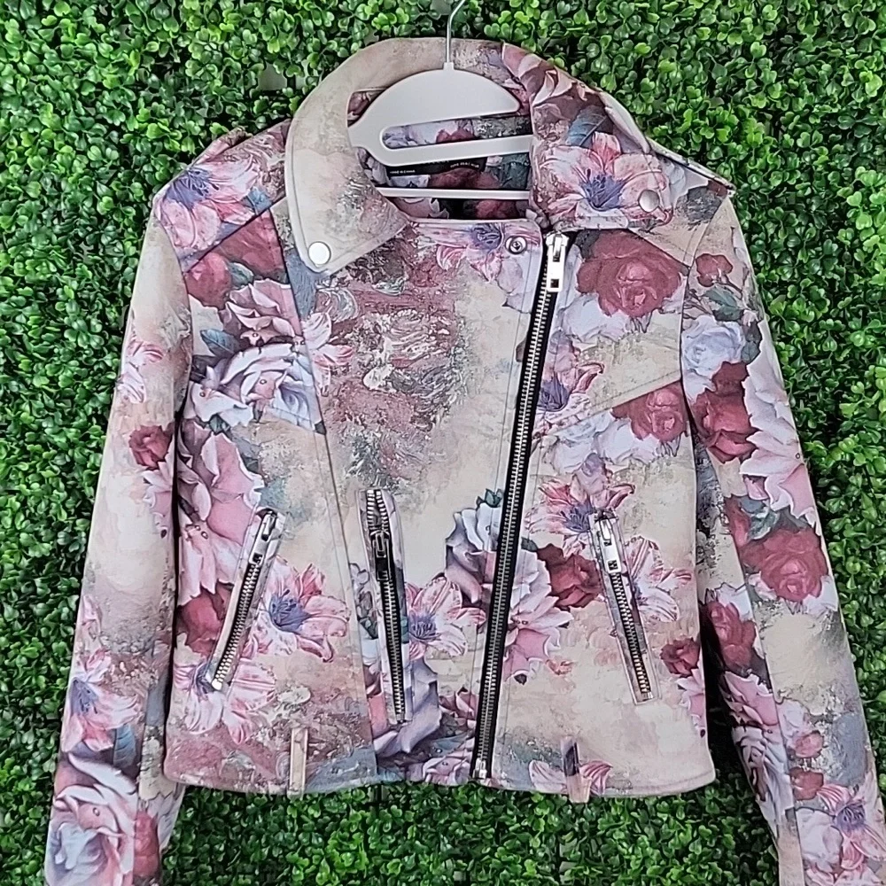 ZARA Basic Outerwear Floral Faux Suede Zippered Moto Jacket Cream/ Pink SZ Small - Picture 2 of 15